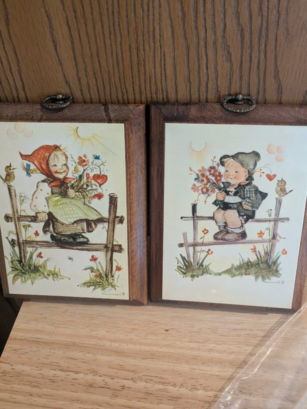 VTG Hummel Wooden Wall Plaques Set of 2- Boy & Girl on Fence Birds Flowers- Art